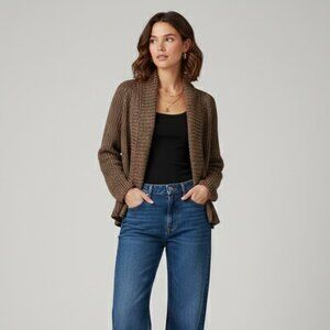 NC Chunky Knit Open-Front Sweater | Soft Brown Metallic Cropped Cardigan | Large
